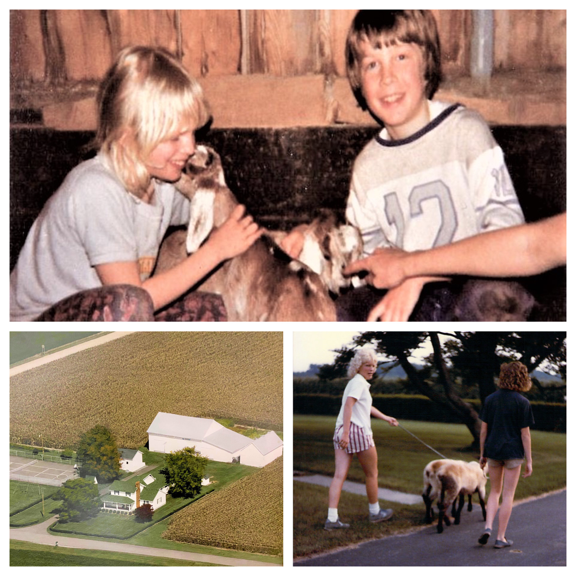 Images of two kids taking care of farm animals